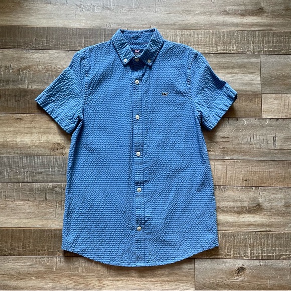 Vineyard Vines boy’s blue stretch cotton button down short sleeve Whale Shirt - Picture 1 of 7